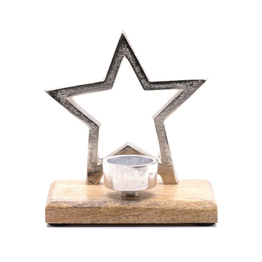 Silver Star Rustic Wood Tealight Holder 17cm