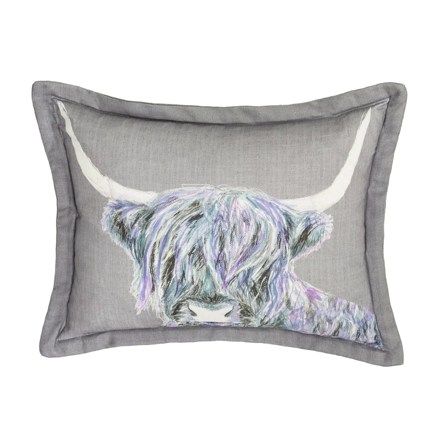 Highland Cow Print Velvet Cushion in Blues