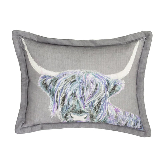 Highland Cow Print Velvet Cushion in Blues