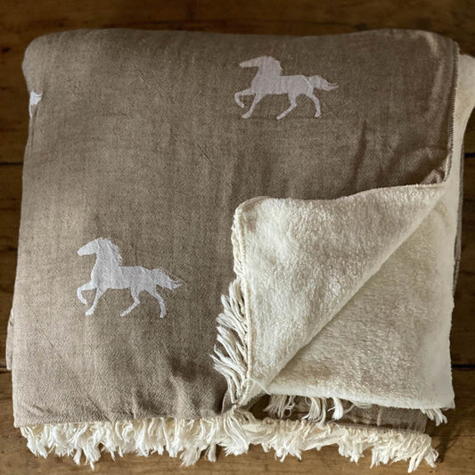 Horse Print Woven Fringed Throw in Stone