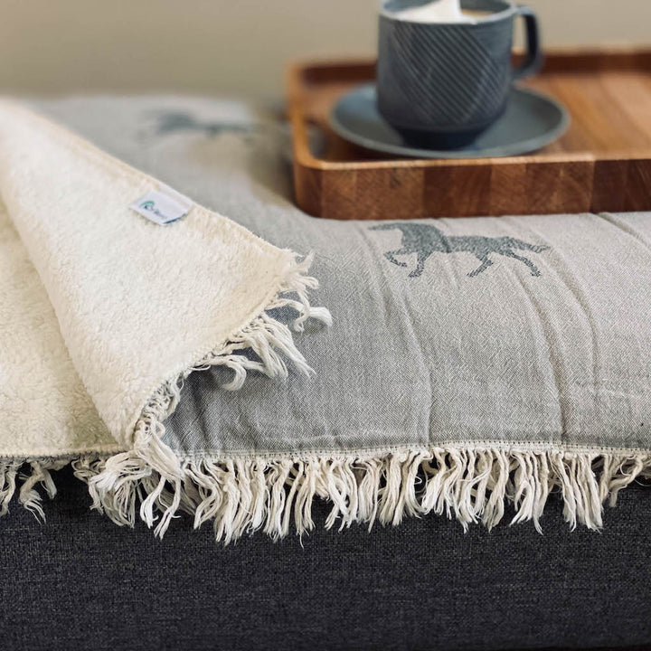 Horse Print Woven Fringed Throw in Light Grey