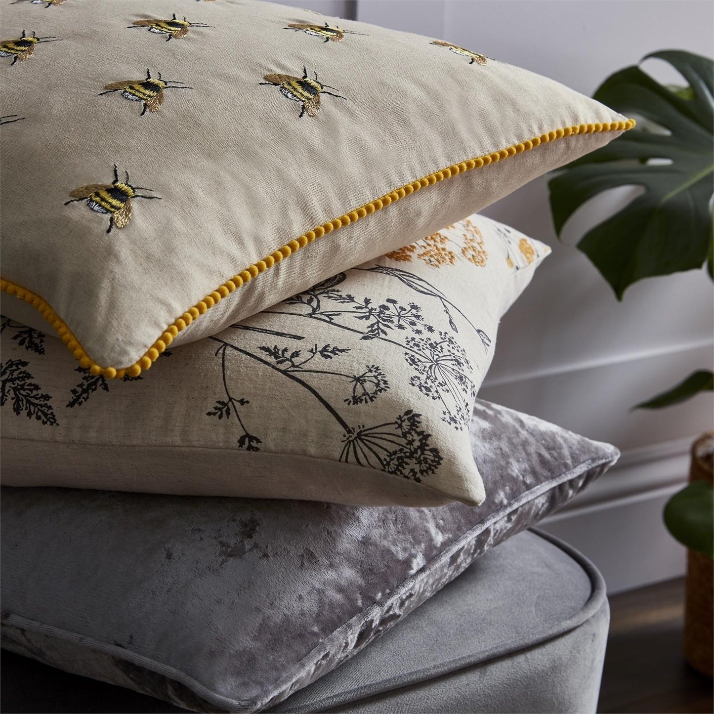 Gold Thread Embroidered Natural Duck Filled Cushion