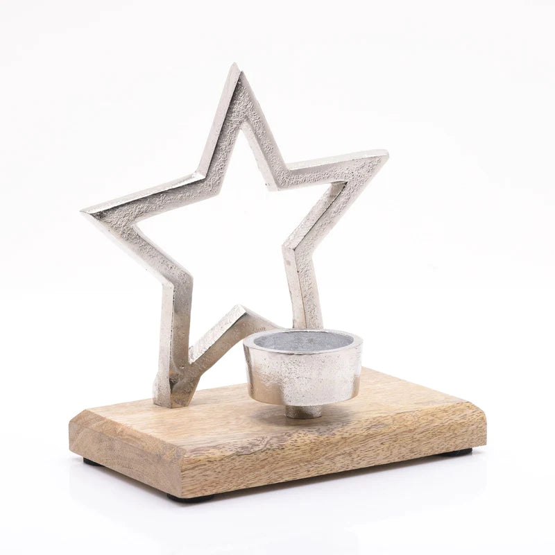 Silver Star Rustic Wood Tealight Holder 17cm